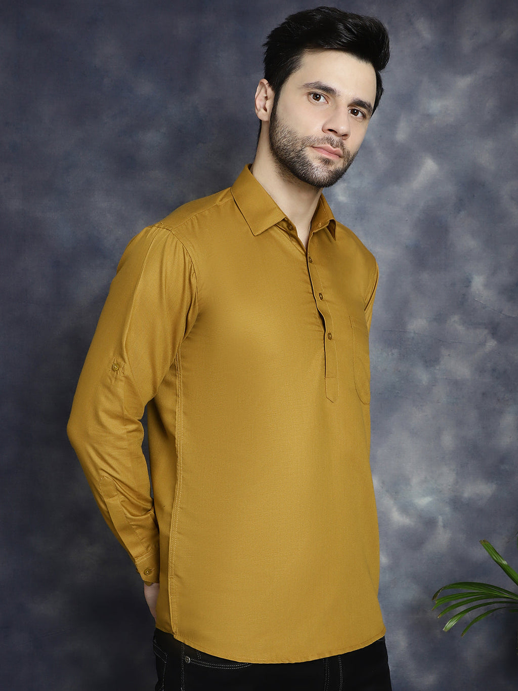 Jompers Men's Mustard Solid Short Kurta | Grocsy