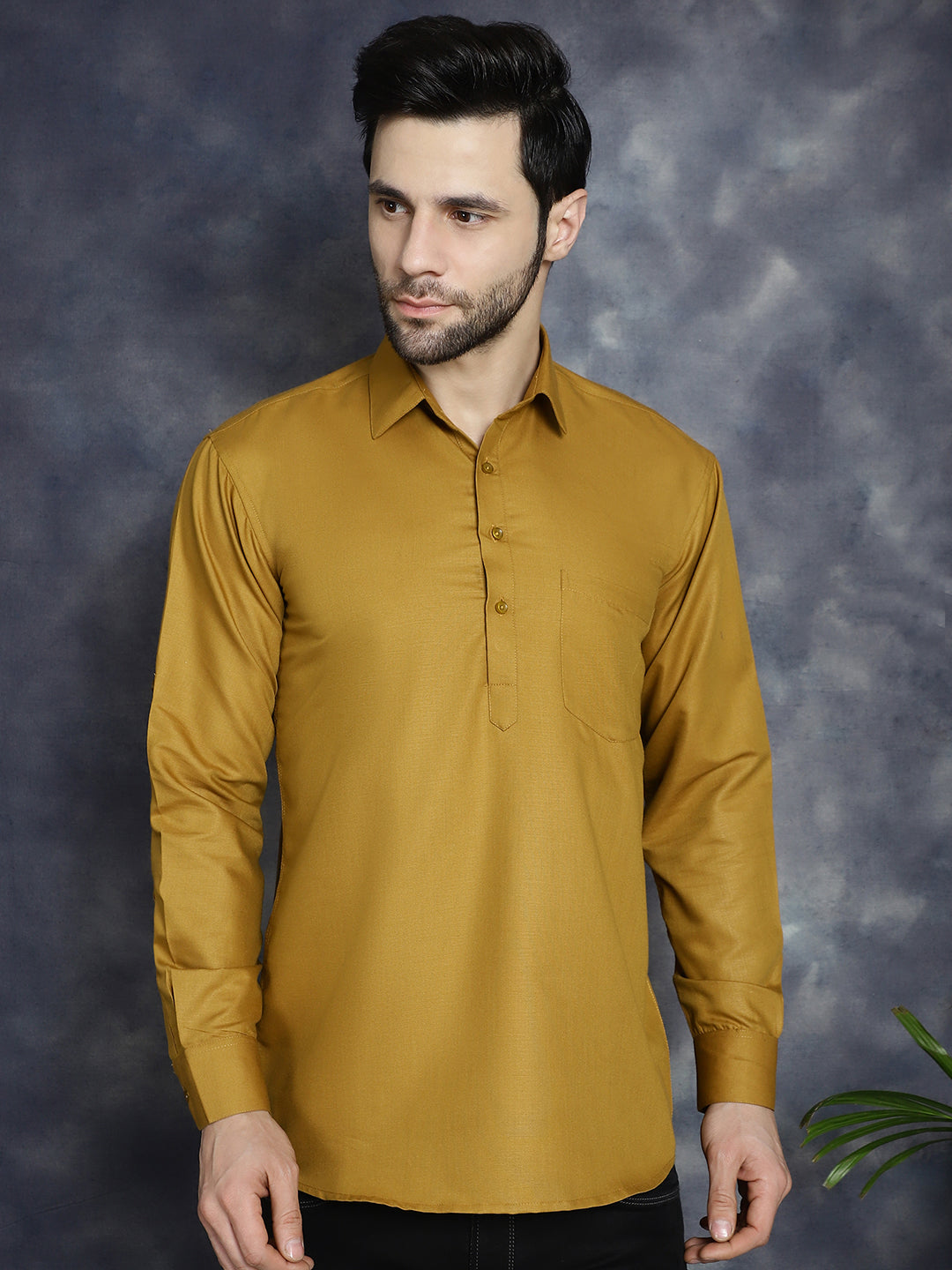 Jompers Men's Mustard Solid Short Kurta | Grocsy
