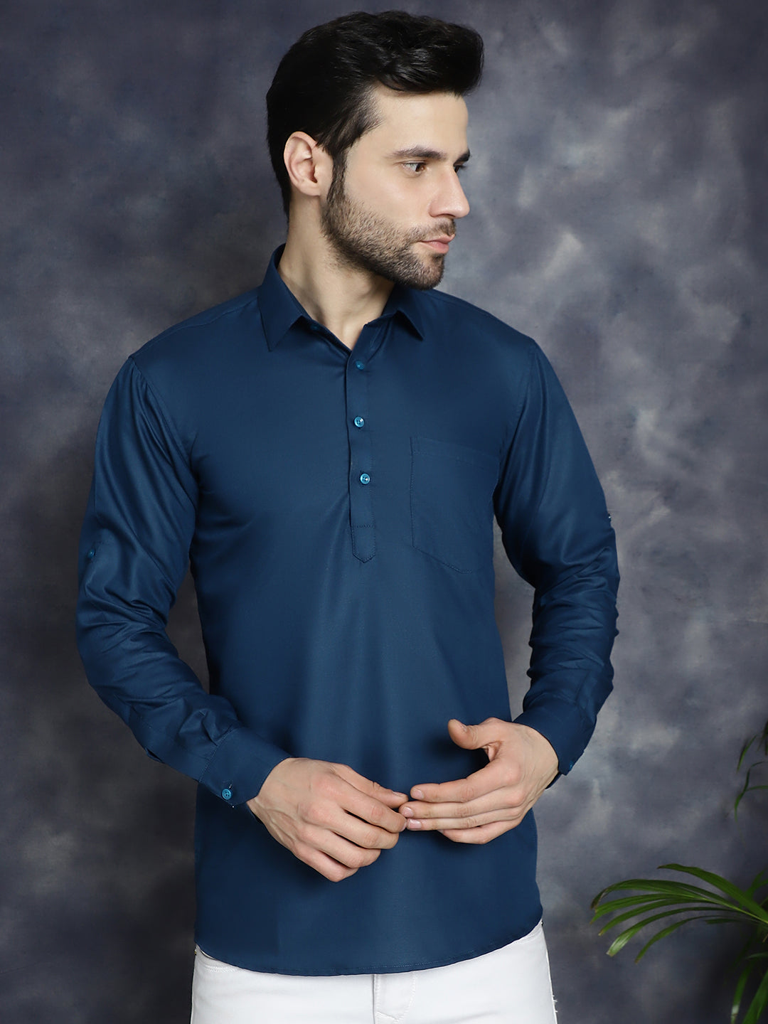 Jompers Men's Teal Blue Solid Short Kurta | Grocsy
