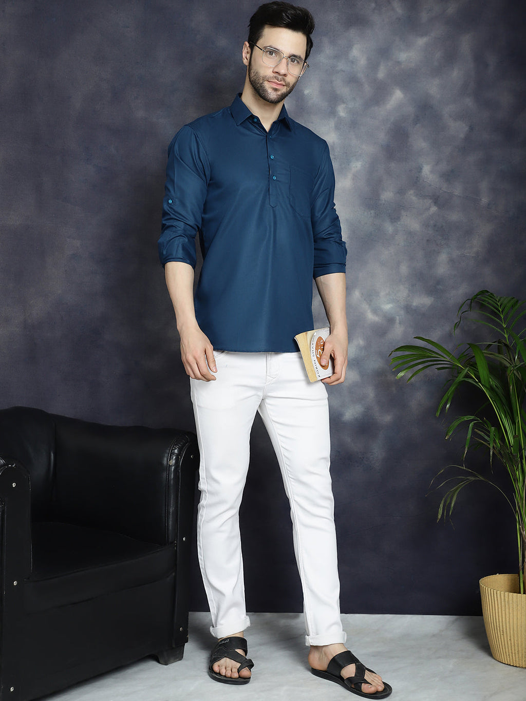 Jompers Men's Teal Blue Solid Short Kurta | Grocsy