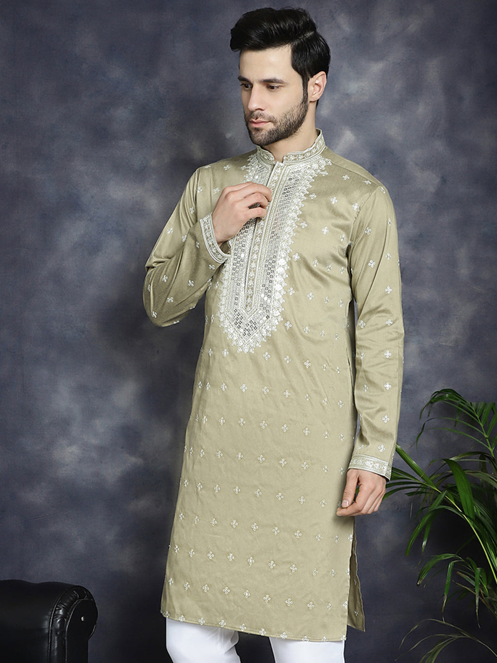 Jompers Men's Sequins Embroidered Kurta - Beige | Grocsy