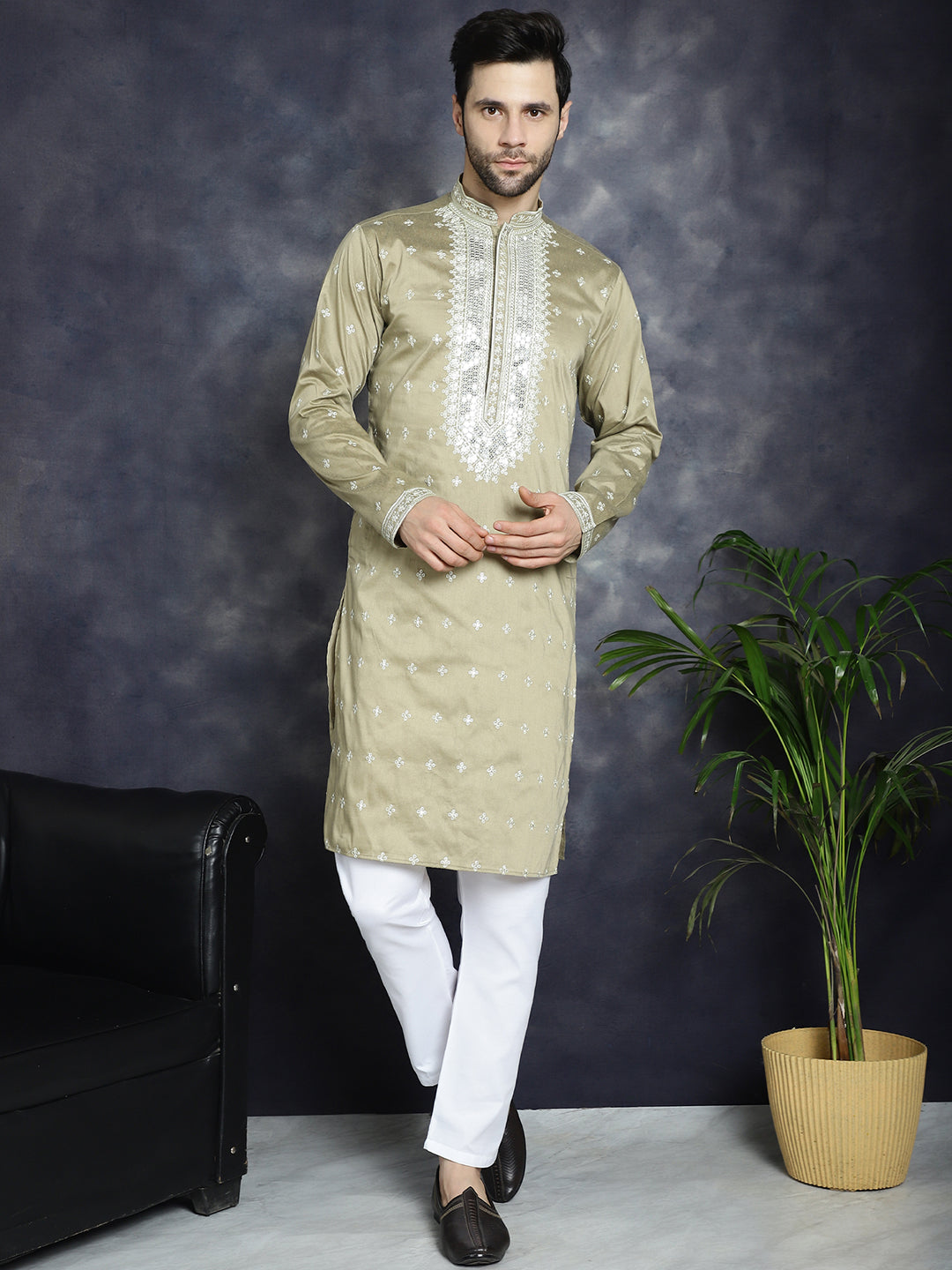 Jompers Men's Sequins Embroidered Kurta - Beige | Grocsy