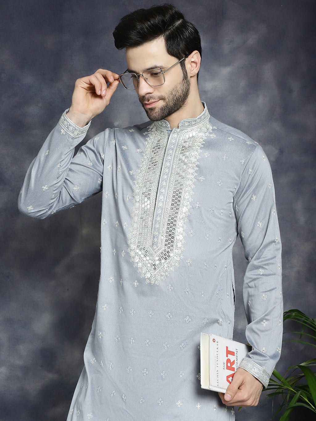 Jompers Men's Sequins Embroidered Kurta - Grey | Grocsy