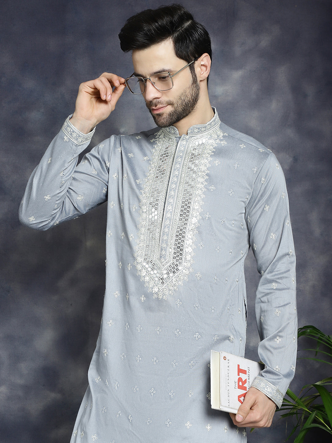 Jompers Men's Sequins Embroidered Kurta - Grey | Grocsy