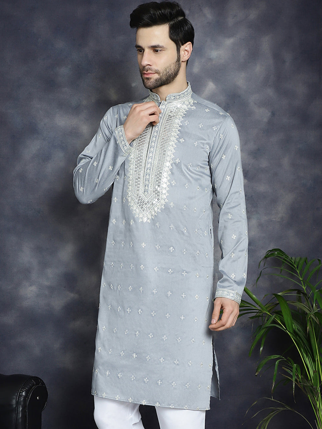 Jompers Men's Sequins Embroidered Kurta - Grey | Grocsy