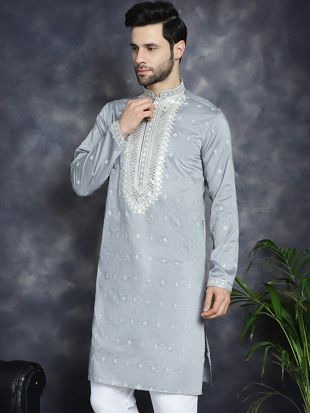 Jompers Men's Sequins Embroidered Kurta - Grey | Grocsy