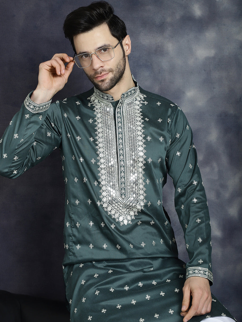 Jompers Men's Sequins Embroidered Kurta - Olive | Grocsy