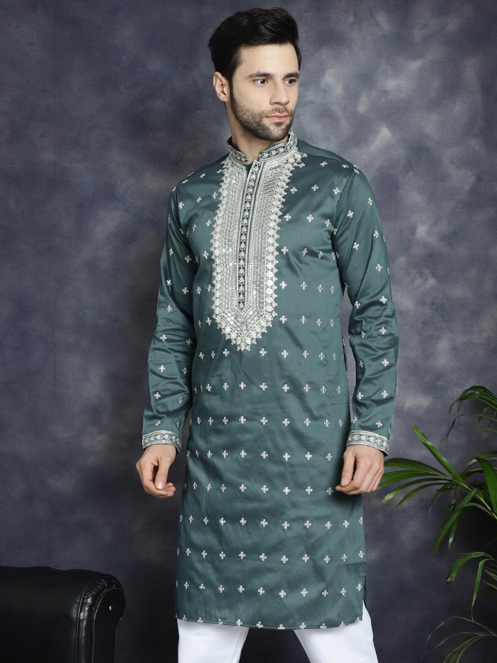 Jompers Men's Sequins Embroidered Kurta - Olive | Grocsy