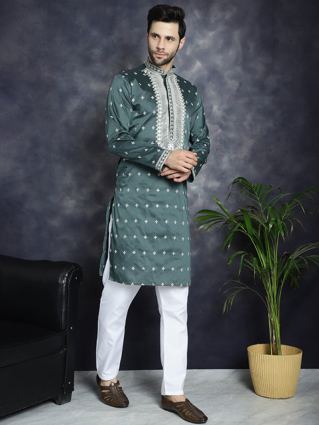 Jompers Men's Sequins Embroidered Kurta - Olive | Grocsy