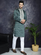 Jompers Men's Sequins Embroidered Kurta - Olive | Grocsy