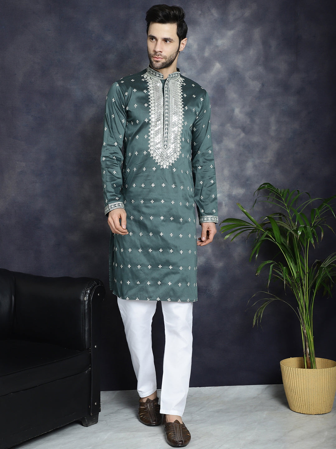 Jompers Men's Sequins Embroidered Kurta - Olive | Grocsy