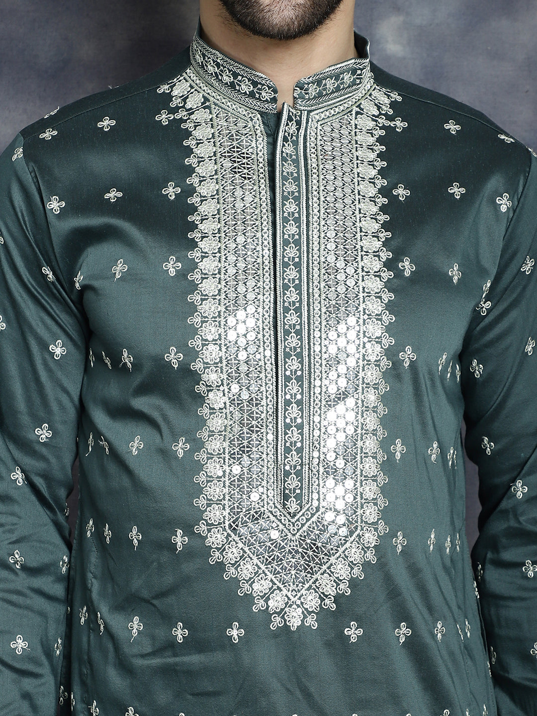 Jompers Men's Sequins Embroidered Kurta - Olive | Grocsy