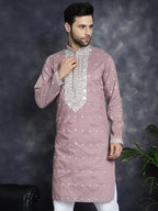 Jompers Men's Chikankari Embroidered Kurta - Magenta | Grocsy