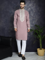 Jompers Men's Chikankari Embroidered Kurta - Magenta | Grocsy