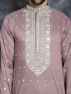 Jompers Men's Chikankari Embroidered Kurta - Magenta | Grocsy