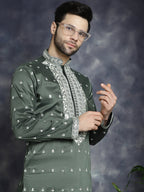 Jompers Men's Chikankari Embroidered Kurta - Olive | Grocsy