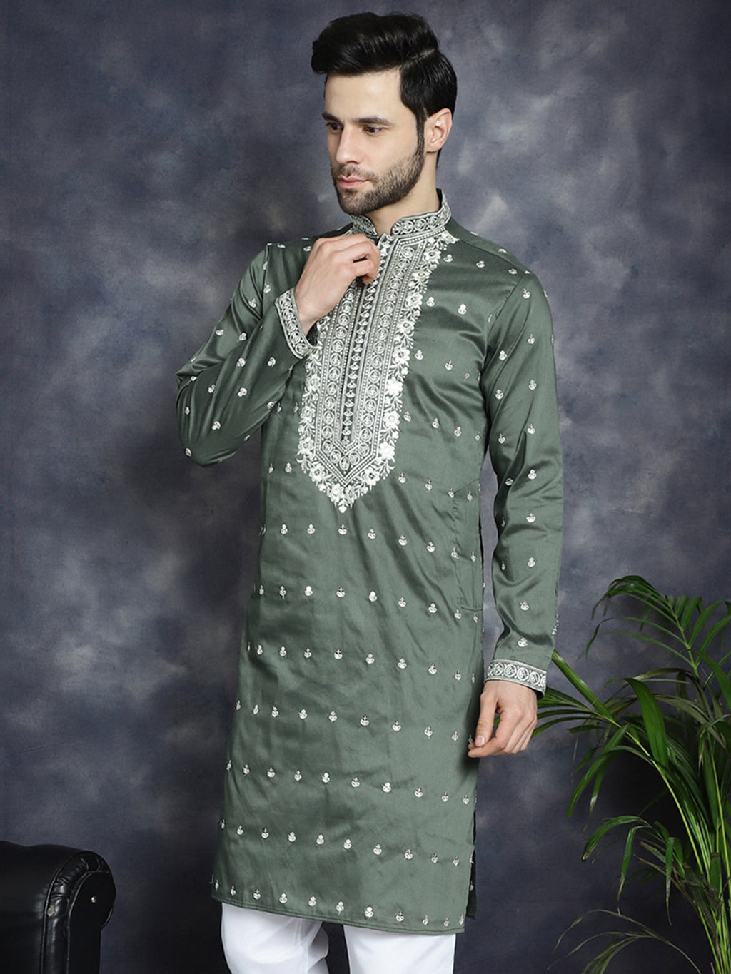 Jompers Men's Chikankari Embroidered Kurta - Olive | Grocsy