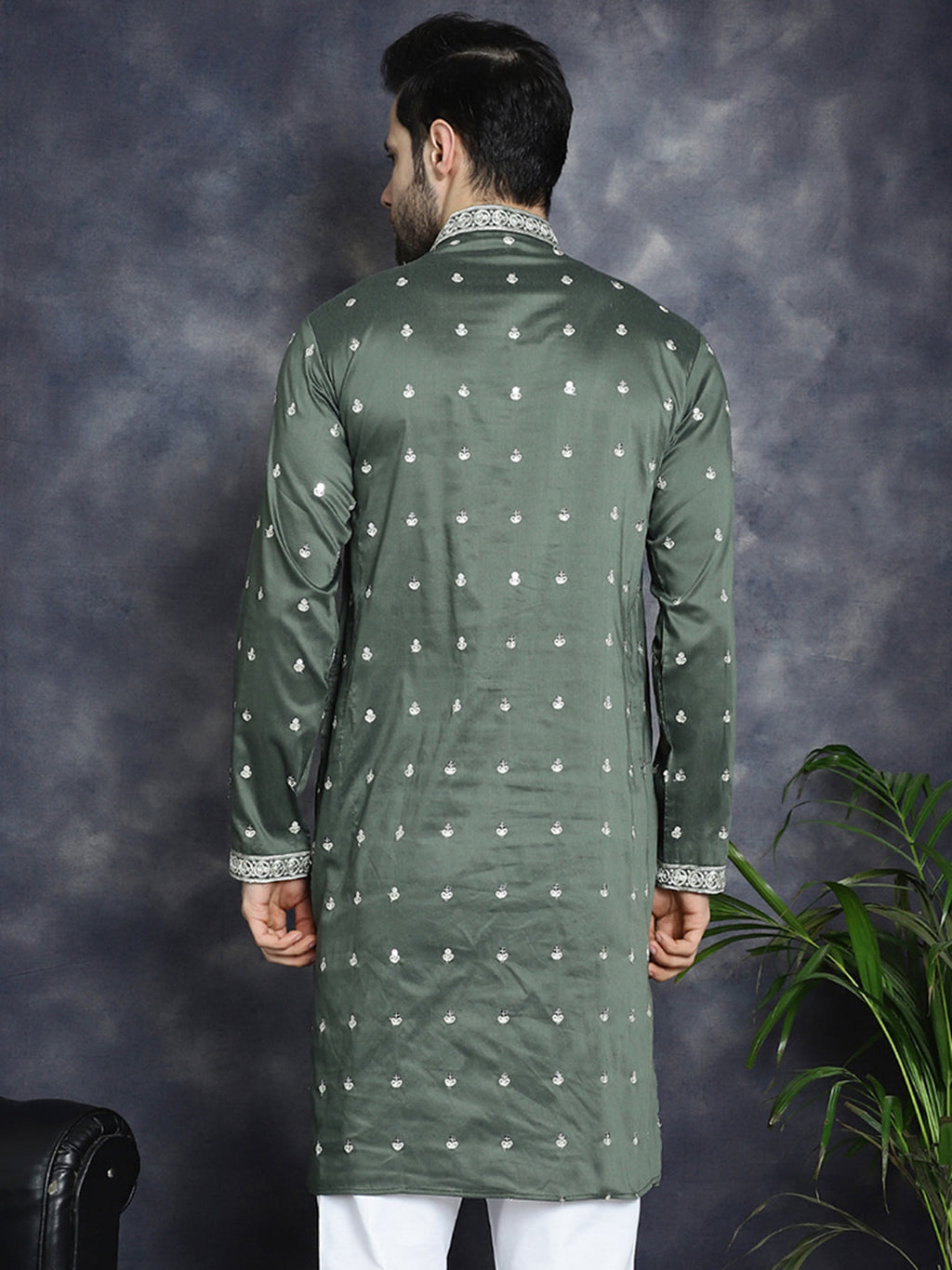 Jompers Men's Chikankari Embroidered Kurta - Olive | Grocsy