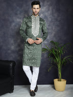 Jompers Men's Chikankari Embroidered Kurta - Olive | Grocsy
