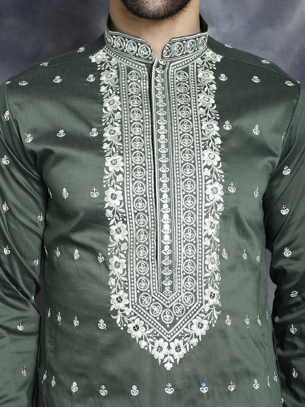 Jompers Men's Chikankari Embroidered Kurta - Olive | Grocsy