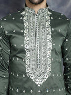 Jompers Men's Chikankari Embroidered Kurta - Olive | Grocsy