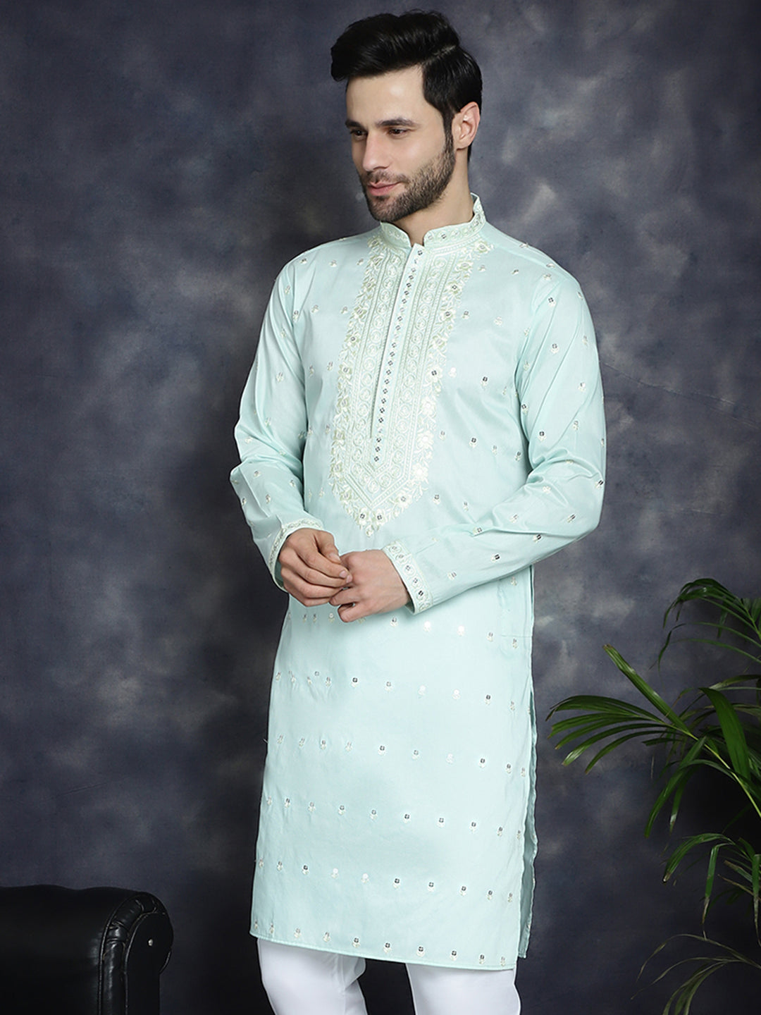 Jompers Men's Chikankari Embroidered Kurta - Sky Blue | Grocsy