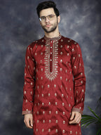 Jompers Men's Maroon Chikankari Embroidered Kurta - Maroon | Grocsy