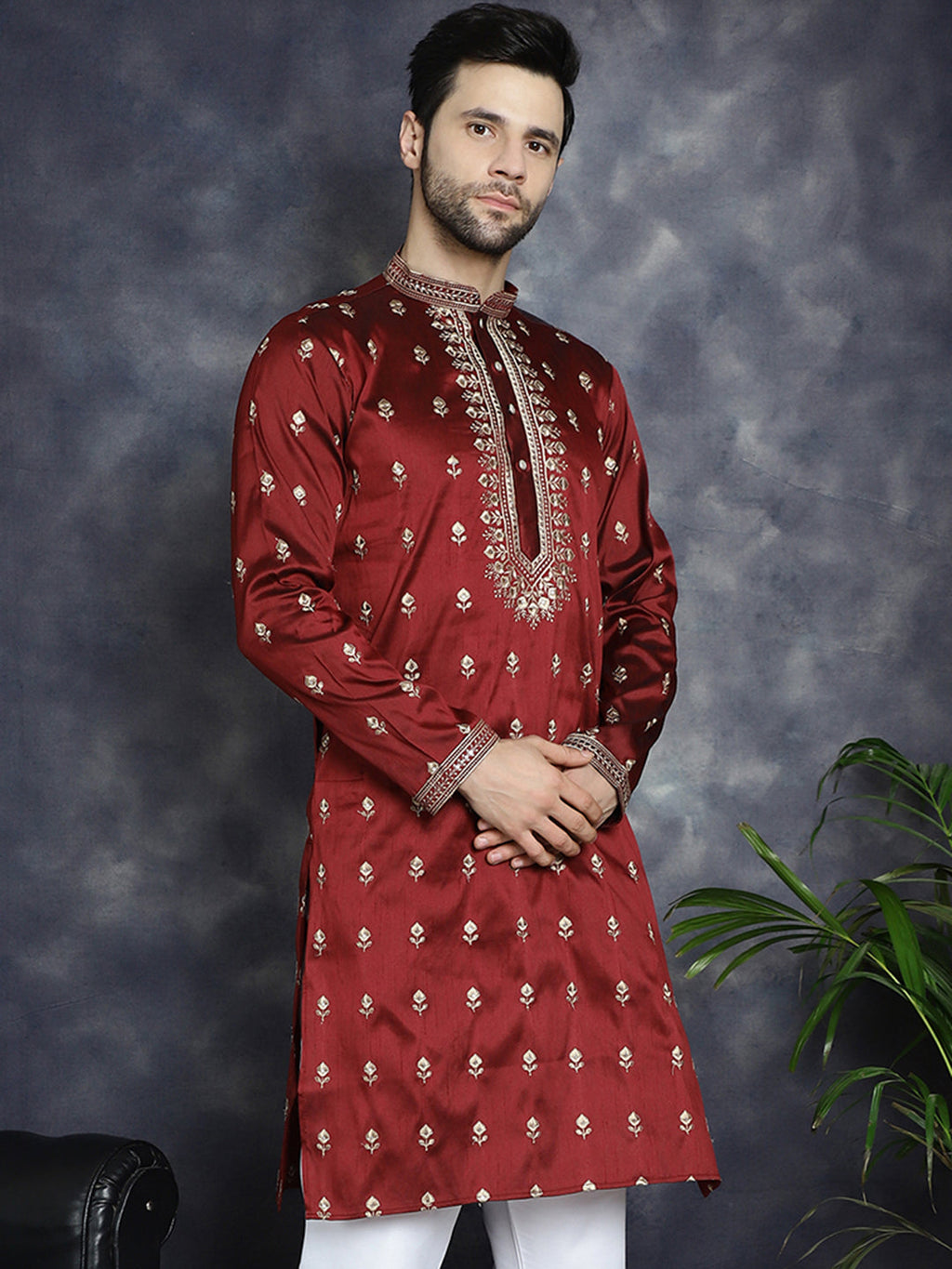 Jompers Men's Maroon Chikankari Embroidered Kurta - Maroon | Grocsy