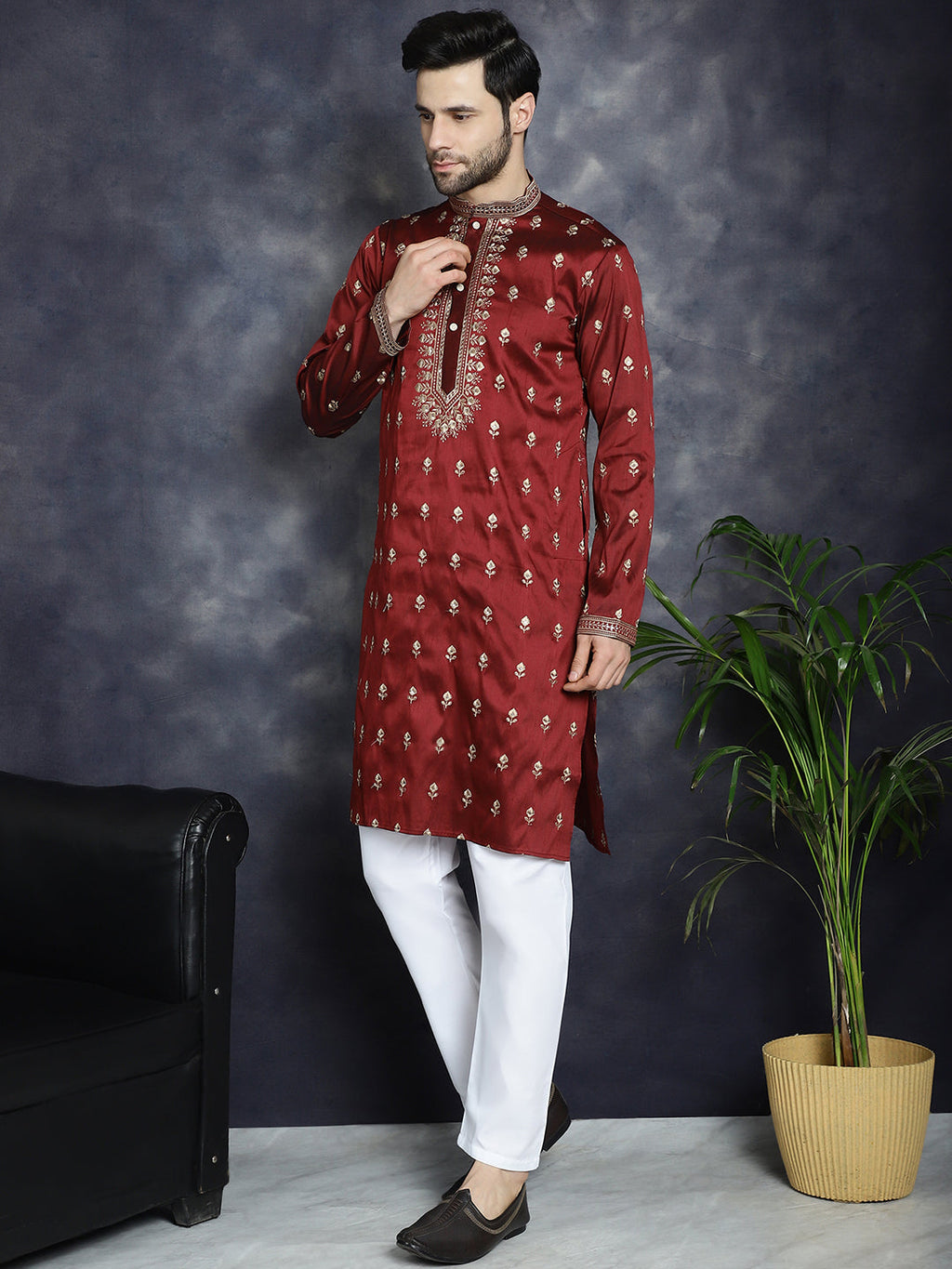 Jompers Men's Maroon Chikankari Embroidered Kurta - Maroon | Grocsy