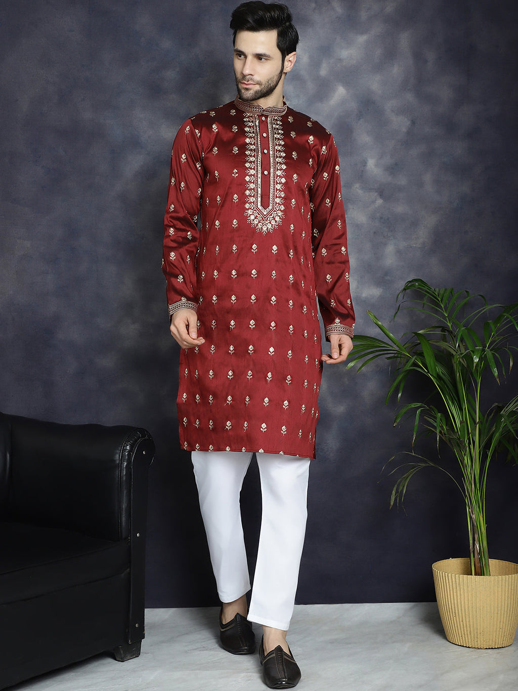 Jompers Men's Maroon Chikankari Embroidered Kurta - Maroon | Grocsy