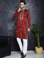 Jompers Men's Maroon Chikankari Embroidered Kurta - Maroon | Grocsy