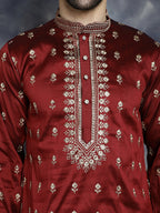 Jompers Men's Maroon Chikankari Embroidered Kurta - Maroon | Grocsy