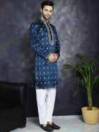 Jompers Men's Navy Blue Chikankari Embroidered Kurta - Navy Blue | Grocsy