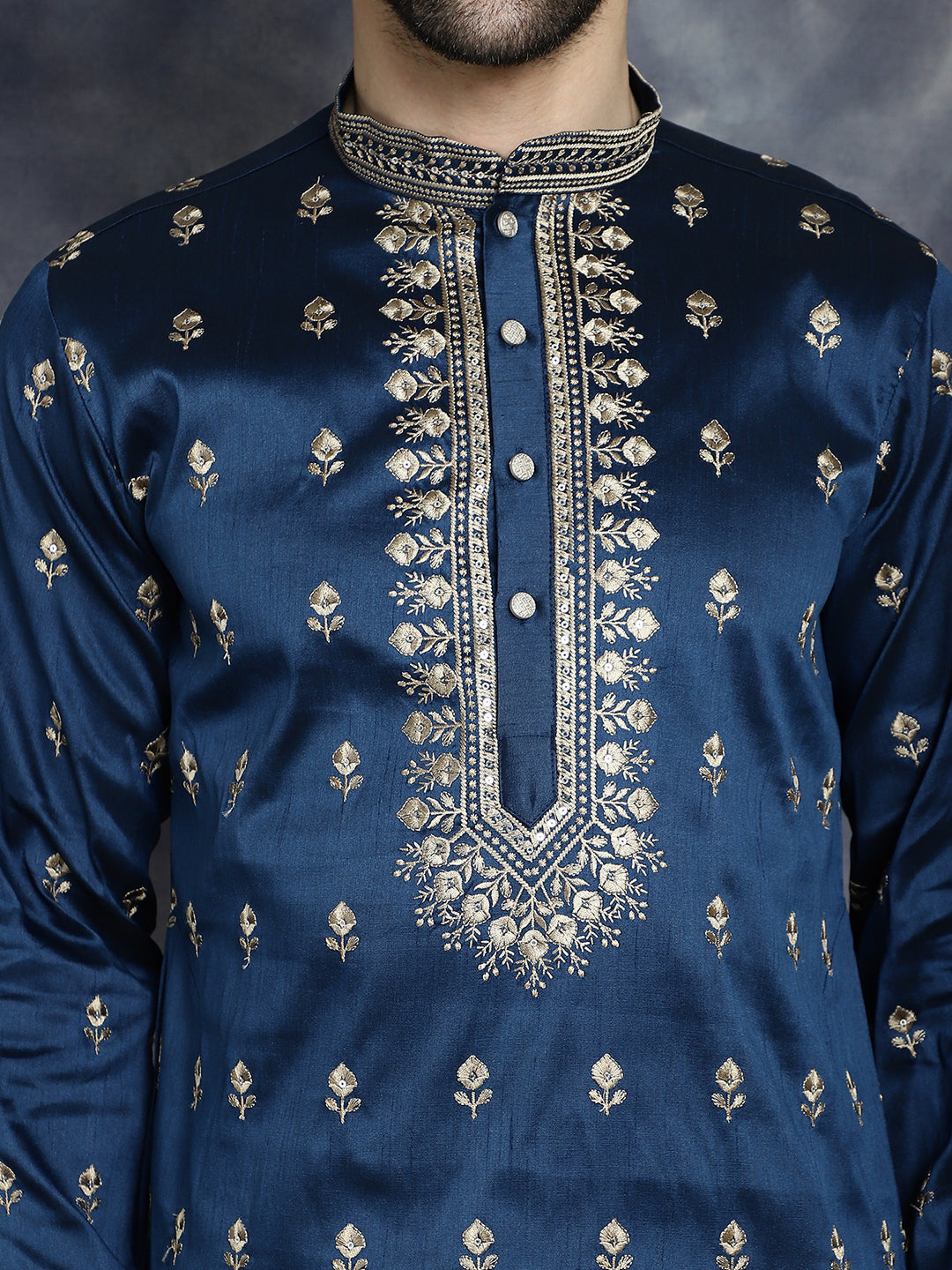 Jompers Men's Navy Blue Chikankari Embroidered Kurta - Navy Blue | Grocsy