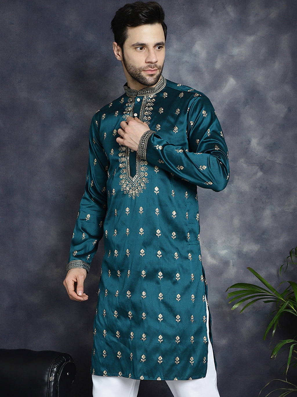 Jompers Men's Peacock Blue Chikankari Embroidered Kurta - Peacock | Grocsy