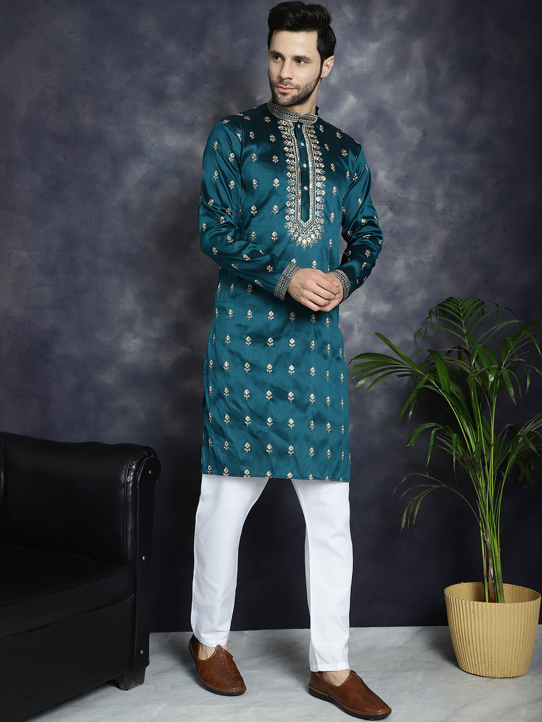 Jompers Men's Peacock Blue Chikankari Embroidered Kurta - Peacock | Grocsy