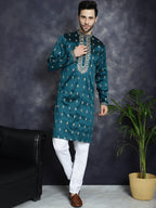 Jompers Men's Peacock Blue Chikankari Embroidered Kurta - Peacock | Grocsy