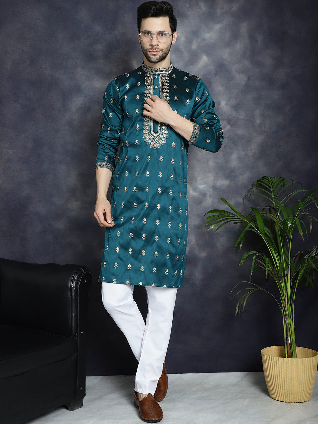 Jompers Men's Peacock Blue Chikankari Embroidered Kurta - Peacock | Grocsy
