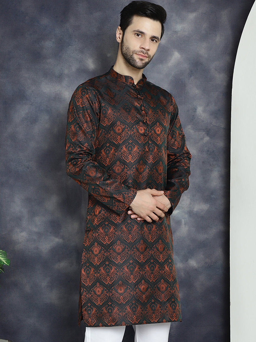 Jompers Men's Bronze Silk Blend Straight Kurta - Bronze | Grocsy