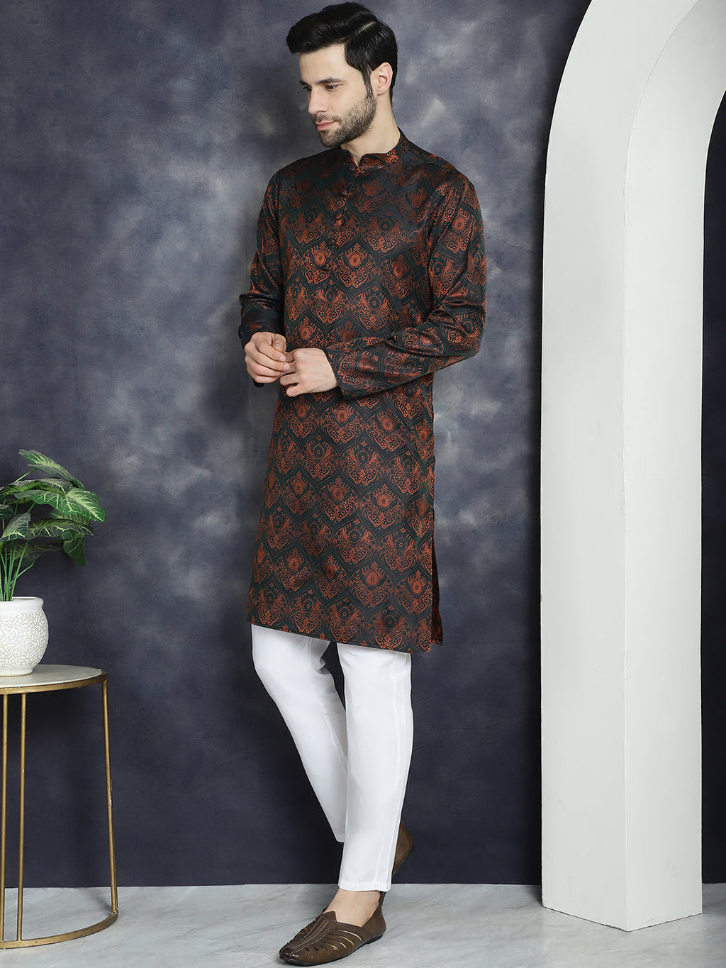 Jompers Men's Bronze Silk Blend Straight Kurta - Bronze | Grocsy