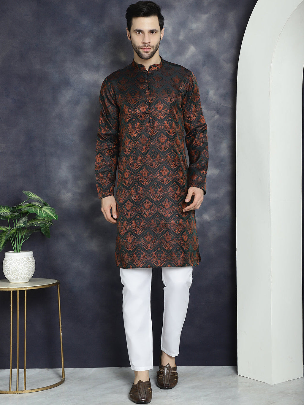 Jompers Men's Bronze Silk Blend Straight Kurta - Bronze | Grocsy