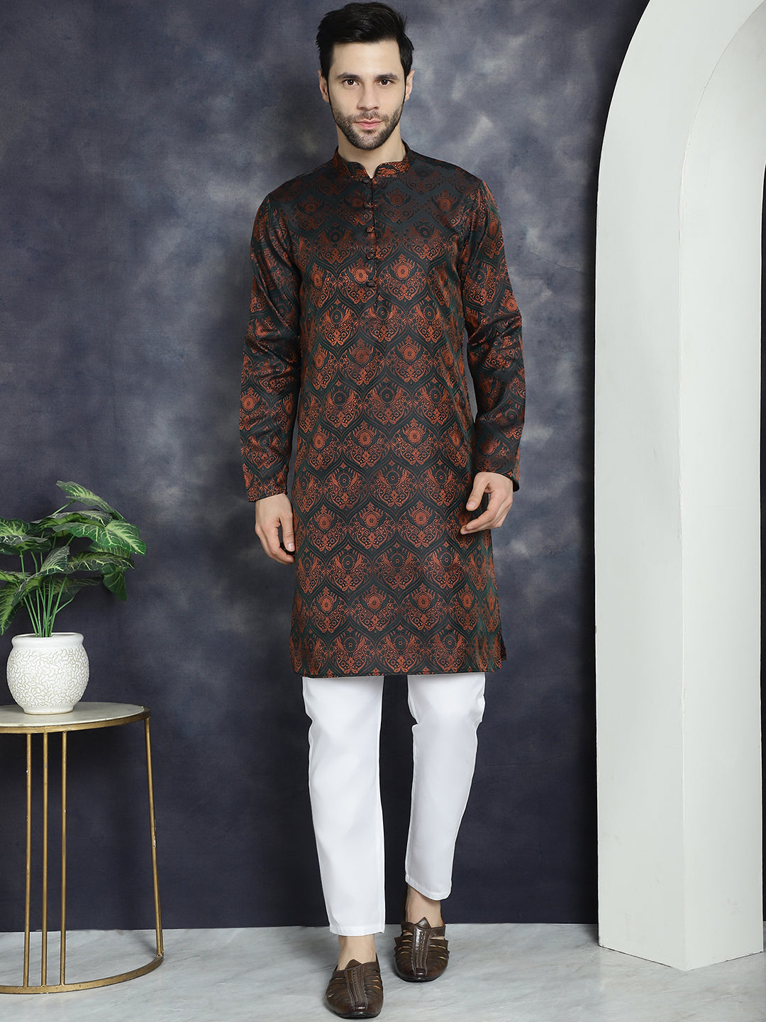Jompers Men's Bronze Silk Blend Straight Kurta - Bronze | Grocsy