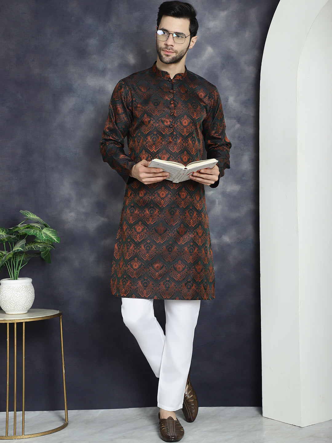 Jompers Men's Bronze Silk Blend Straight Kurta - Bronze | Grocsy