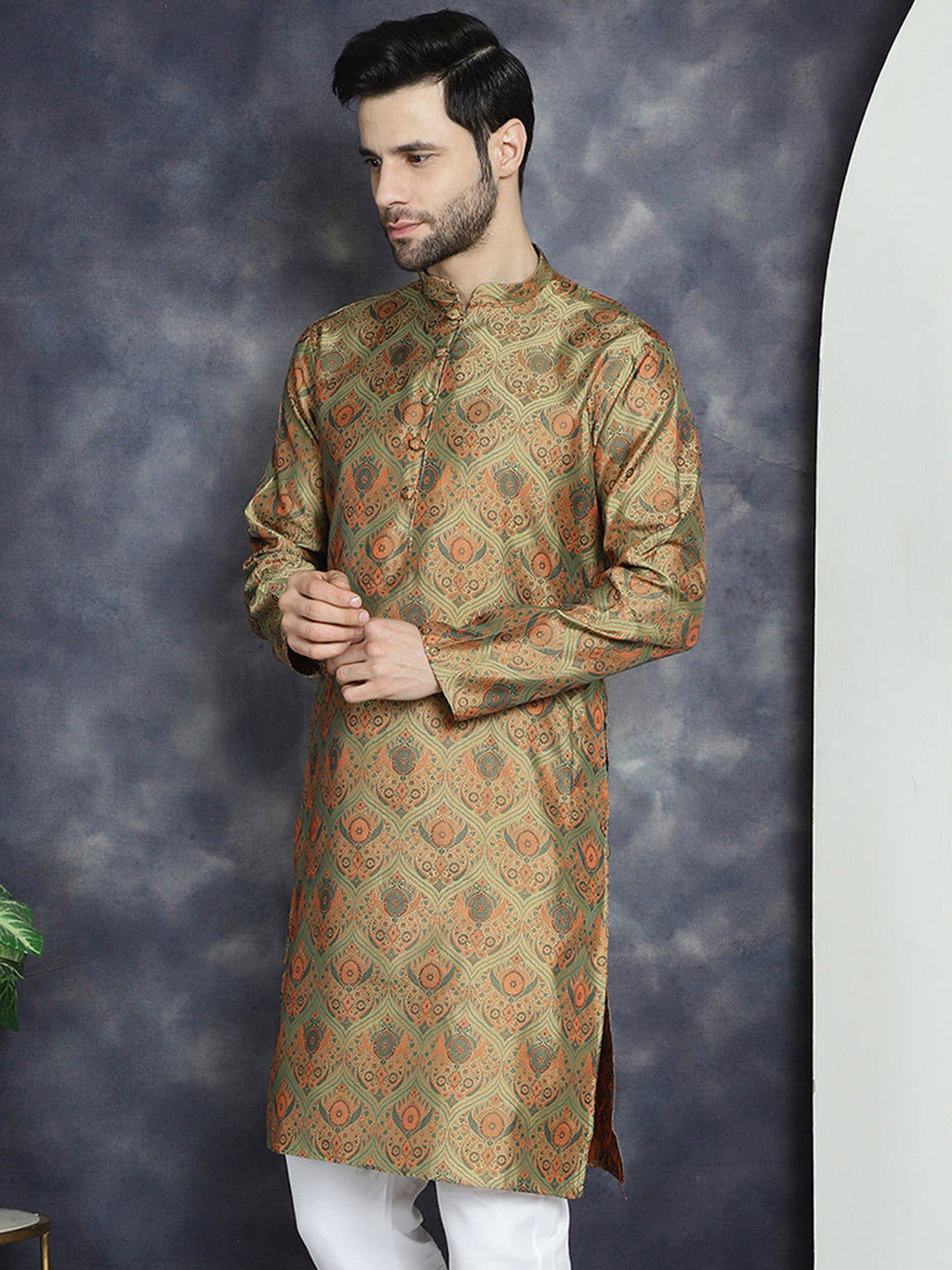 Jompers Men's Golden Silk Blend Straight Kurta - Golden | Grocsy