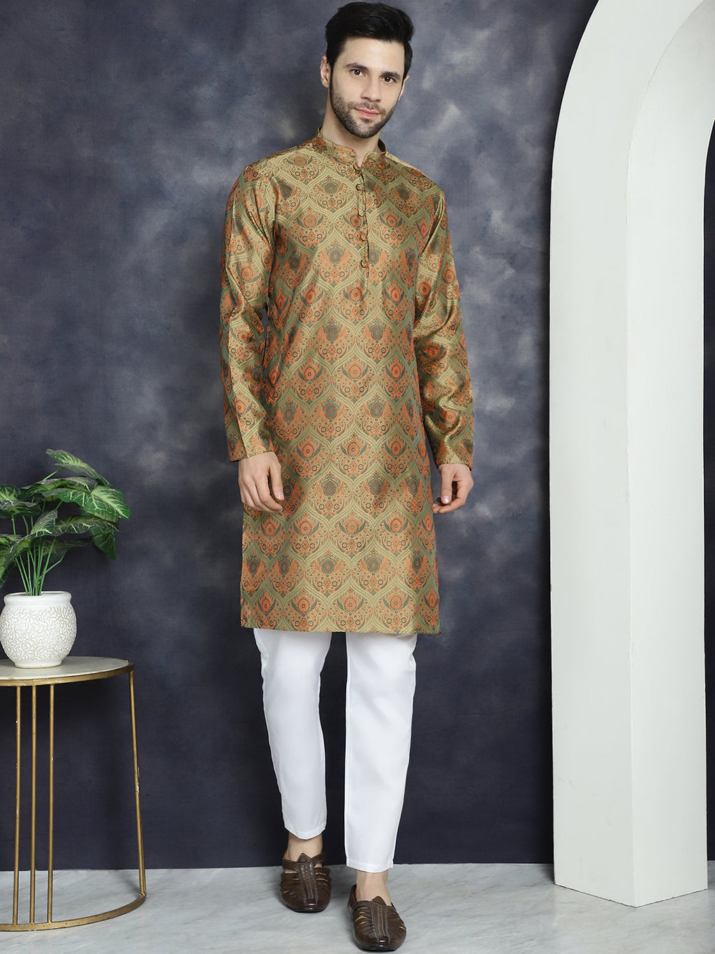 Jompers Men's Golden Silk Blend Straight Kurta - Golden | Grocsy