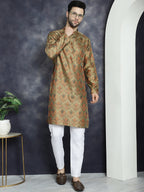 Jompers Men's Golden Silk Blend Straight Kurta - Golden | Grocsy