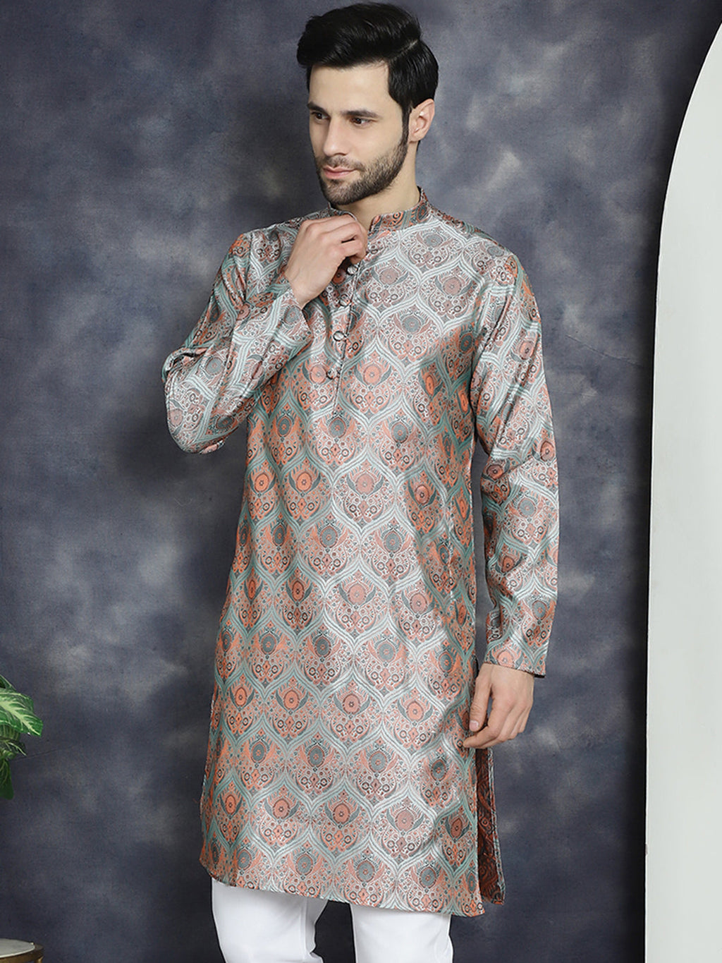 Jompers Men's Silver Silk Blend Straight Kurta - Silver | Grocsy