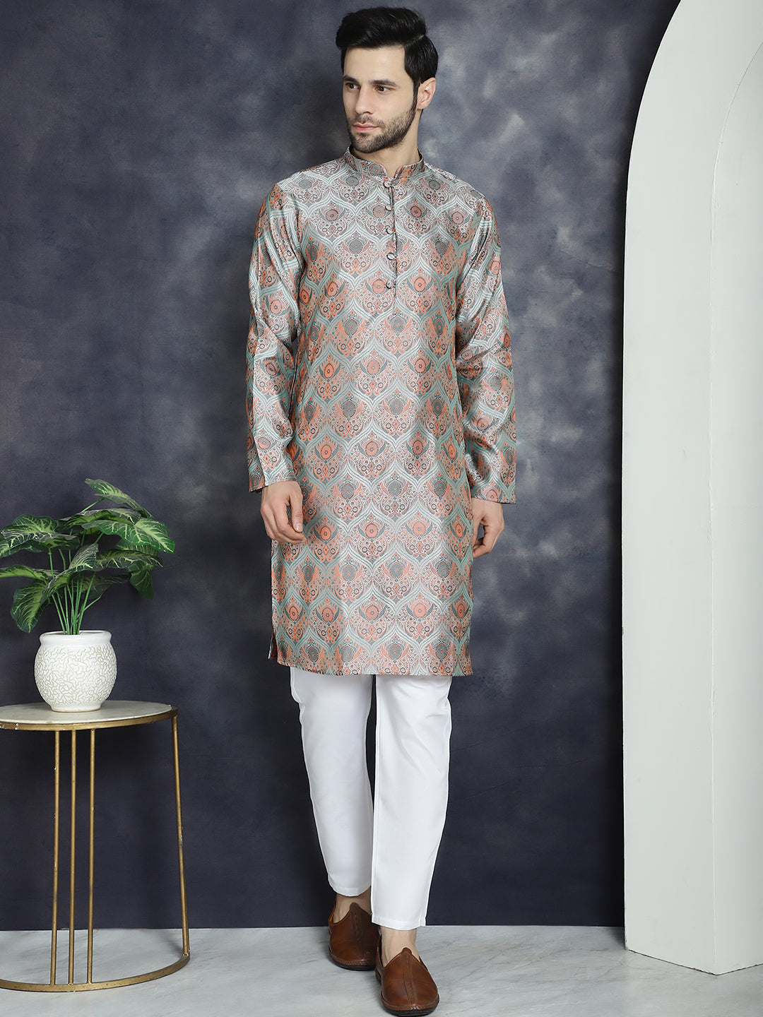 Jompers Men's Silver Silk Blend Straight Kurta - Silver | Grocsy
