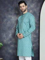 Jompers Men's Sequins Embroidered Kurta - Blue | Grocsy