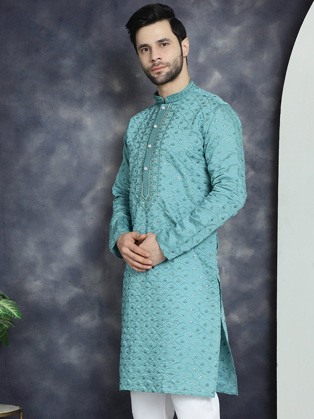 Jompers Men's Sequins Embroidered Kurta - Blue | Grocsy